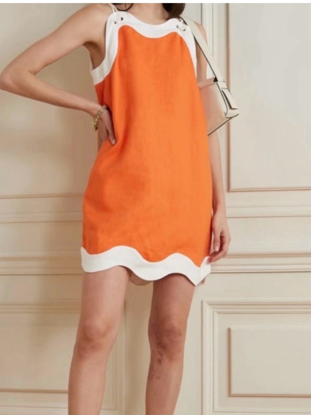STAUD Orange Mini Dress with White Scallop Trim